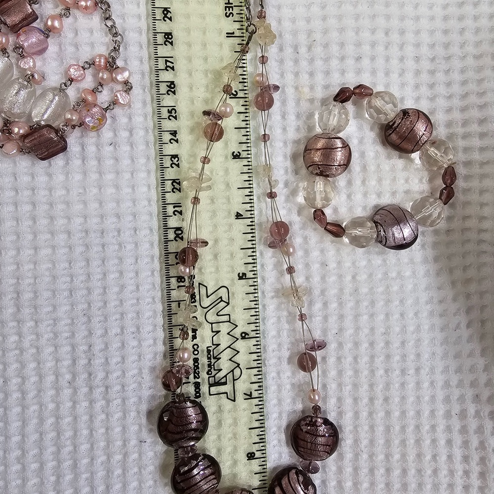Glass Foil Bead and Pearl Necklace & Bracelets Bundle Set Shimmery Pink & Brown - Picture 7 of 12